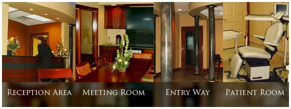 4 images of The Oral & Facial Surgery Center of Kentucky office showing reception, meeting room, entry way , and patient room